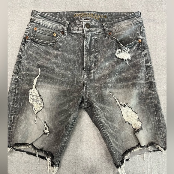 [W32] American Eagle Outfitters Extreme Flex Denim Shorts Gray Distressed Zip - Picture 1 of 8